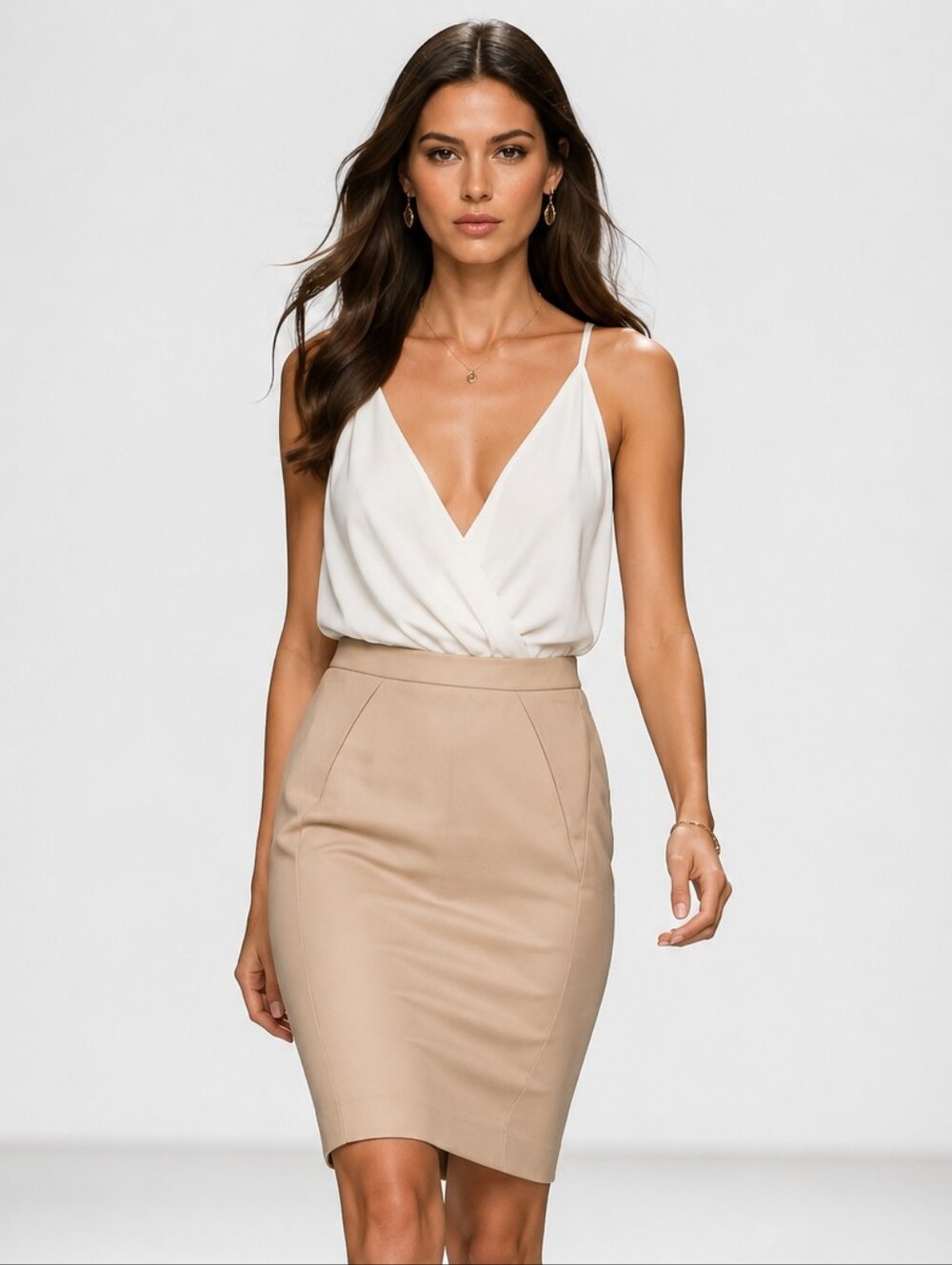 MNG Basics Beige High Waist Fitted Pencil Skirt Size 2
